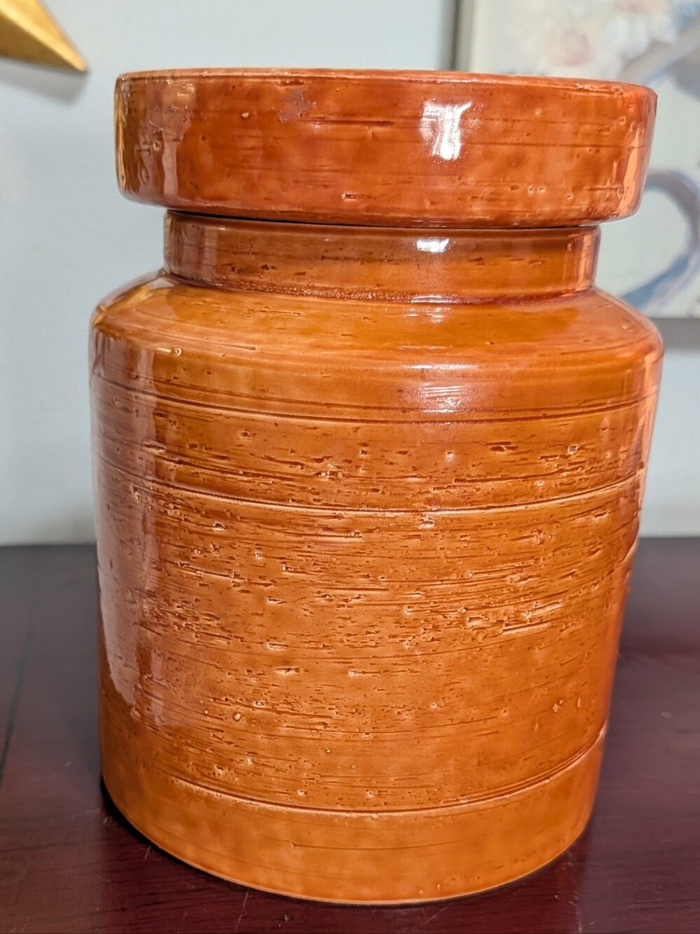 Baldelli Italy Mid Century Modern Orange Ceramic Canister Round Lid Green Int.